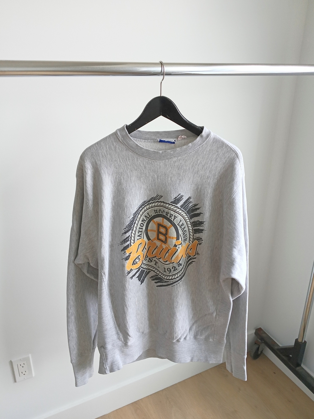 VTG 1991 Boston Bruins NHL Trench Crewneck Sweatshirt XL Distressed Grey
